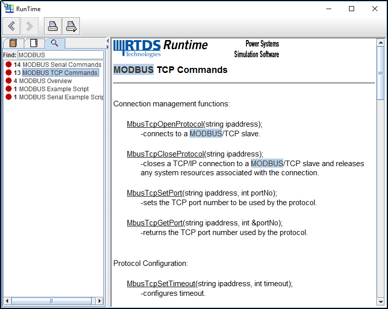 Figure 2: RSCAD Runtime help for MODBUS