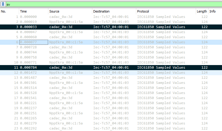 Marked frames in Wireshark shown with black background